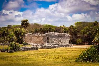 Arkasında ağaçlar olan bir tarlada büyük bir taş bina bulunuyor. Gökyüzü bulutlu, ama güneş hala parlıyor. Sahnenin huzurlu ve huzurlu bir atmosferi var.