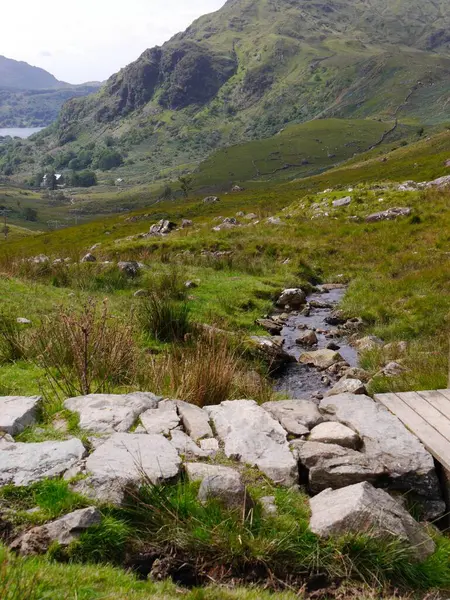 stock image Brook and footbridge in lovely scenery, Snowdonia National Park, Wales. High quality photo