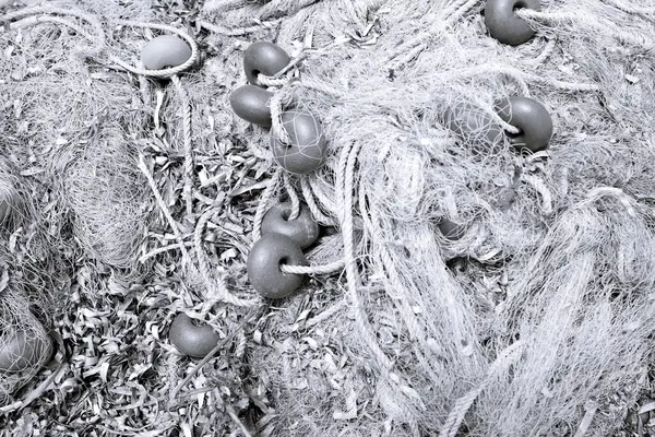 stock image Closeup of tangled fishing nets in black and white, Corfu, Greece. High quality photo