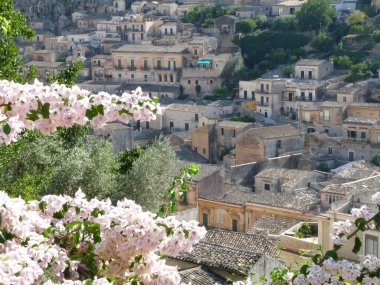 Modica, Sicilya 'nın çatılarının güzel manzarası, pembe çiçeklerle çerçevelenmiş. Yüksek kalite fotoğraf