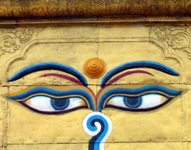 Boudhanath stupa, Nepal, Katmandu 'daki Tibet enklavında Buda' nın gözleriyle. Yüksek kalite fotoğraf