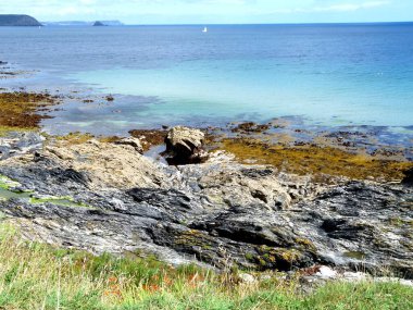 Cornish sahilinin sahil yolundan davetkar, berrak, şeffaf su, Cornwall, İngiltere, kopyalama uzayı manzarası. Yüksek kalite fotoğraf