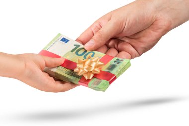 Money as a gift isolate on white, prize or bonus. A man gives a bundle of money to a child. Banknotes of 100 euros are tied with a red ribbon with a bow