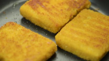 Balık kroket. Tavada balık pişirme işlemi, yakın plan. Fırında balık filetosu.