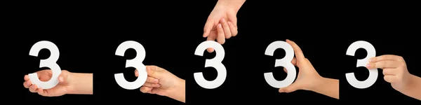 Número Três Mão Isolado Fundo Preto Número Três Numa Mão — Fotografia de Stock