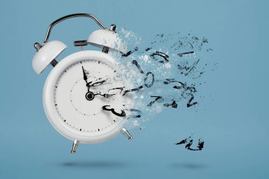 Time is running out. White alarm clock with flying numbers as a symbol of lost time. The concept of time is running out, loss or lack of time, an alarm clock with numbers shatters into small pieces clipart
