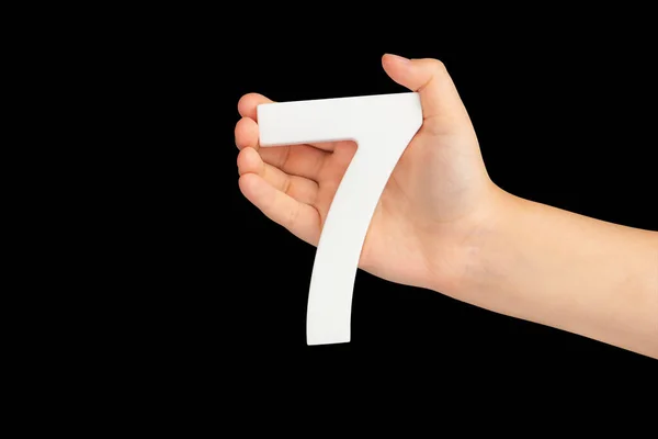 Number Seven Hand Isolated Black Background Number Childs Hand Black — Stock Photo, Image