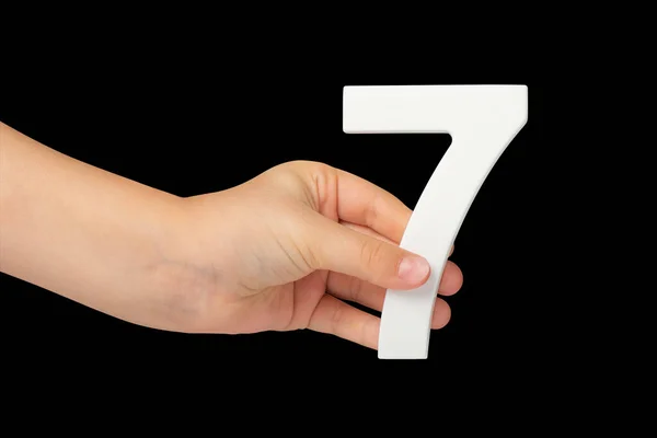 Number Seven Hand Isolated Black Background Number Childs Hand Black — Stock Photo, Image
