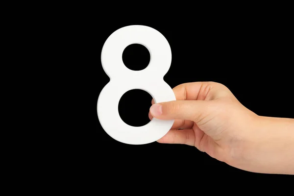 Number Eight Hand Isolated Black Background Number Childs Hand Black — Stock Photo, Image
