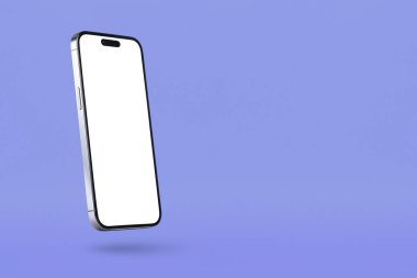 Isolate the phone with a white screen to insert into the project. A new mobile phone on a purple background falls, casting a shadow