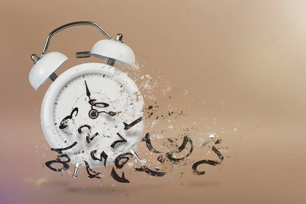 Time is running out. White alarm clock with flying numbers as a symbol of lost time. The concept of time is running out, loss or lack of time, an alarm clock with numbers shatters into small pieces