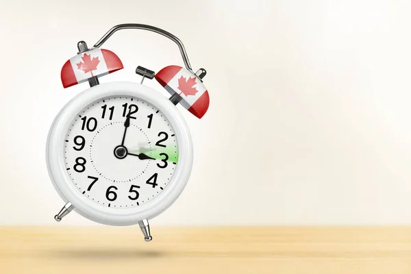 Time change in Canada, spring forward. Summer time concept, over white background. A white alarm clock with a minute hand indicates that the time has been moved forward an hour with copy space