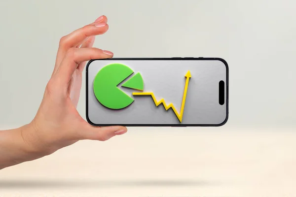 Stock image Financial market, purchase of shares, annual or quarterly reports of companies. Forecast of growth in the financial market. Phone in hand, financial graph and growth chart on phone screen.