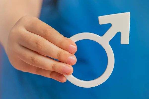 Gender symbol of a man. Symbol of a man in his hands on a blue background. The concept of male leadership or gender equality. High quality photo