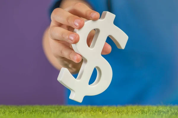 Recession or crisis in the USA. The concept of growth or fall of the economy in the USA. Dollar sign in hand on a purple background as a symbol of the global financial crisis. High quality photo
