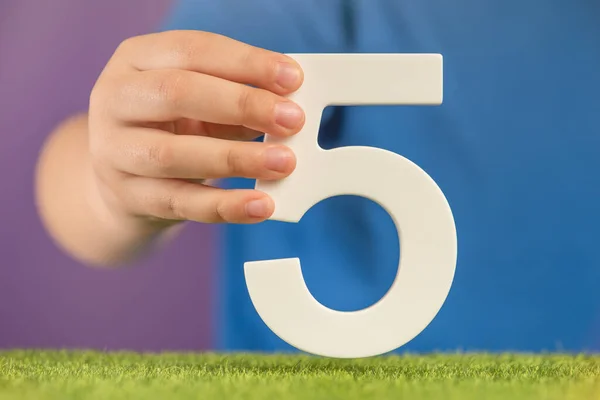 5号在手 一只手拿着一个白色的数字五在绿草和紫色背景 每年百分之五 荷兰和墨西哥胜利日的概念 5月5日 — 图库照片