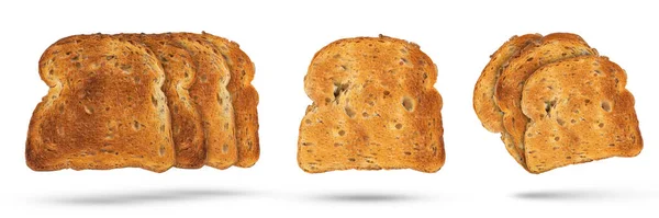 大盘不同的烤面包片从烤面包机上分离的白色背景 饮食或清淡早餐的概念 金面包片的设计或项目 高质量的照片 — 图库照片