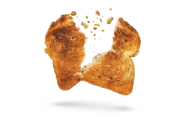 Weißbrotscheiben Isolieren Stücke Mit Fliegenden Krümeln Gebrochen Toaster Gebratenes Brot — Stockfoto