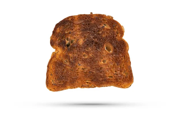 Odizolować Jeden Plasterek Spalonego Tostera Pieczony Chleb Pełnoziarnisty Izolowany Białym — Zdjęcie stockowe