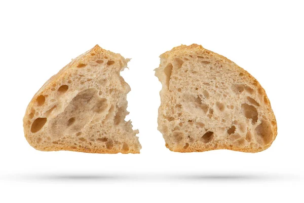 Δύο Φέτες Φρέσκο Ψωμί Ciabatta Ένα Λευκό Απομονωμένο Φόντο Φέτες — Φωτογραφία Αρχείου