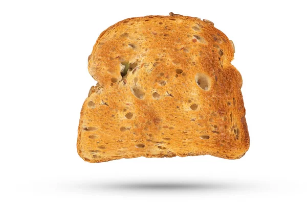 分离出一片白面包 用白色背景隔离的烤面包机烤全麦面包 切碎或食用面包产品的概念 高质量的照片 — 图库照片