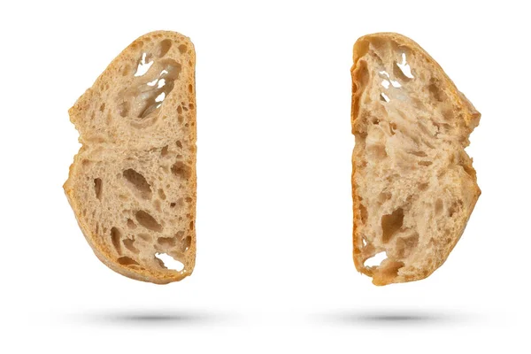 Zwei Scheiben Frisches Ciabatta Brot Auf Weißem Hintergrund Scheiben Hängen — Stockfoto