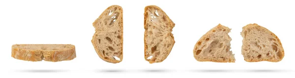 Sada Plátků Čerstvého Chleba Ciabatta Bílém Izolovaném Pozadí Řezy Visí — Stock fotografie