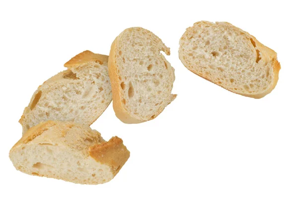白色长面包片 背景为白色 脆法式面包片 三明治概念插入到设计或项目中 — 图库照片