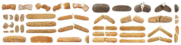 Viele Verschiedene Brotlaibe Verschiedene Sorten Und Formen Isoliert Auf Weißem — Stockfoto