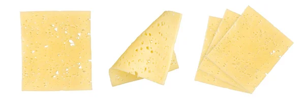 スイスチーズ分離 多くの小さな穴 クローズアップチーズスライス スイスチーズは 白い背景に隔離されたさまざまな形の薄いスライスに切断されます 高品質の写真 — ストック写真