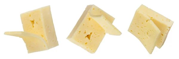 白い背景にカットスライスとチーズの大きな作品のセット ピザ用のチーズ 白い背景のクローズアップでチーズのスライス片 デザインまたはプロジェクトへの挿入 — ストック写真