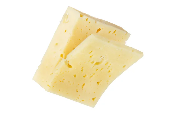白い背景に隔離されたスライスとチーズの大規模な作品 ピザ用のチーズ 白い背景のクローズアップでチーズのスライス片 デザインまたはプロジェクトへの挿入 — ストック写真