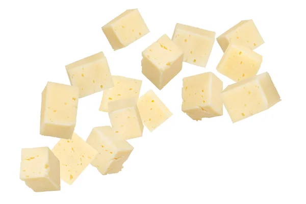 배경에 조각들 분리되어 있습니다 치즈는 용이야 조각들 떨어지고 사각형으로 자르고 — 스톡 사진