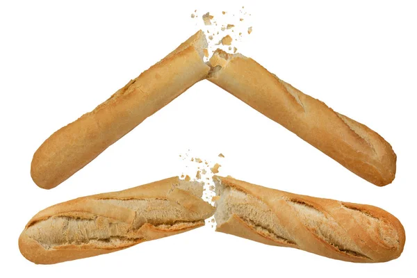 Μια Σειρά Από Διάφορα Καρβέλια Μακρύ Λευκό Ψωμί Απομονώνονται Λευκό — Φωτογραφία Αρχείου