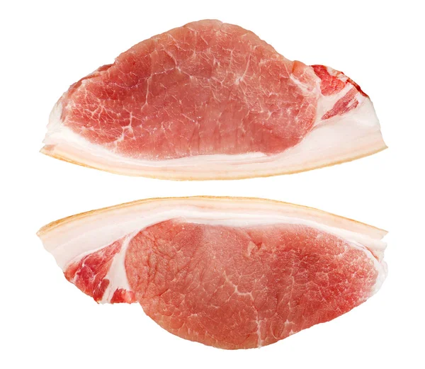 Stukken Rauw Varkensvlees Twee Stukken Vers Varkensvlees Geïsoleerd Een Witte — Stockfoto