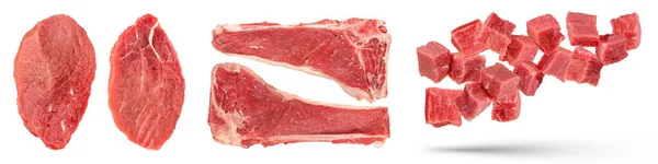 Rindfleischstücke Set Aus Großen Rindfleischstücken Mit Knochen Isoliert Auf Weißem — Stockfoto