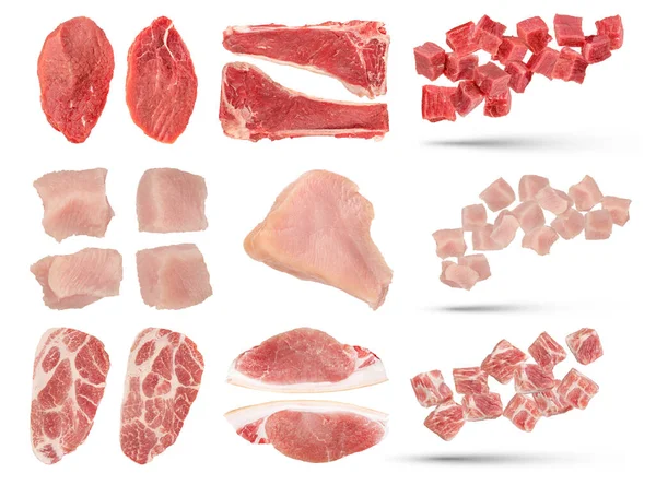 Pezzi Carne Cruda Diverse Varietà Isolati Fondo Bianco Set Pezzi — Foto Stock