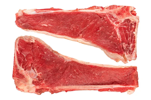 两片牛肉配一块骨头大块牛肉 骨头与白色背景隔离 牛肉在白色背景上隔离的一块多汁牛肉 插入到设计或项目中 — 图库照片