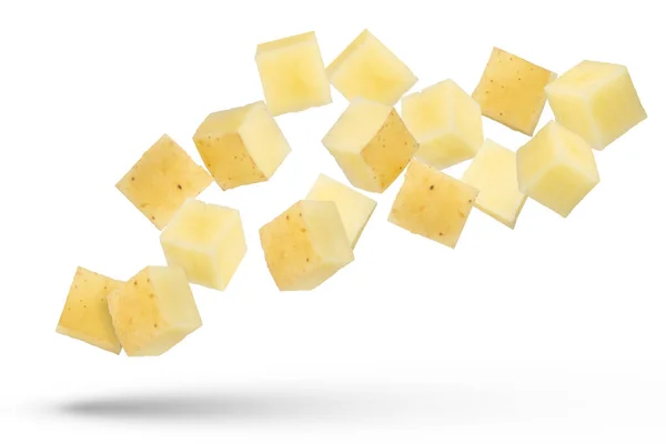 Flying Vegetables Flying Potato Cubes Isolated White Background Diced Fresh — Stock Photo, Image