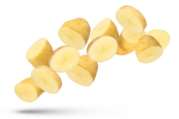 Літаючі Овочі Летючі Половинки Картоплі Клини Ізольовані Білому Тлі Ізольована — стокове фото