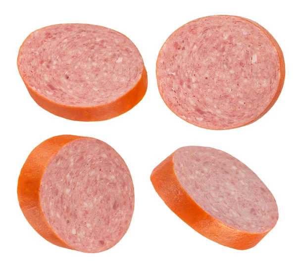 Salami Worst Plakjes Een Witte Geïsoleerde Achtergrond Salami Plakjes Van — Stockfoto