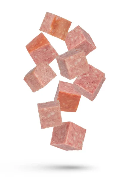 Flying Sausage Cubes Smoked Sausage White Isolated Background Salami Cubes — Stock Photo, Image