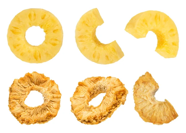 Ananasstücke Auf Weißem Isoliertem Hintergrund Getrocknete Und Reife Ananas Werden — Stockfoto