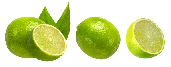 Lime Set White Isolated Background Lime Slices Leaves Different Sides — Stock Photo, Image