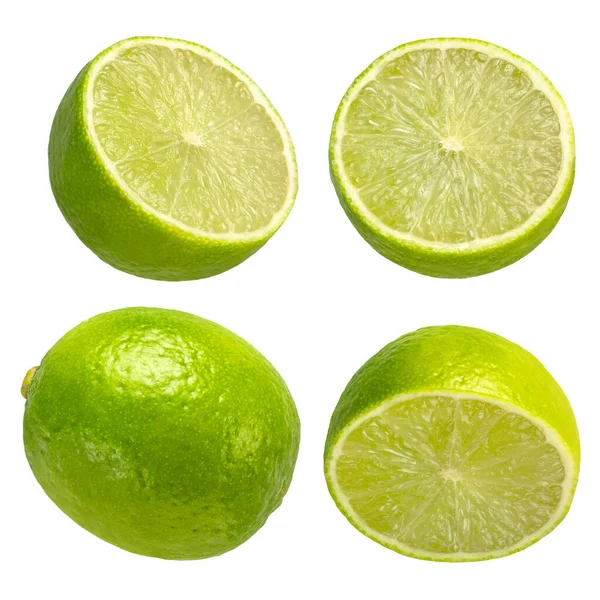 Lime Vit Isolerad Bakgrund Kalkhalvor Olika Storlekar Från Olika Sidor — Stockfoto