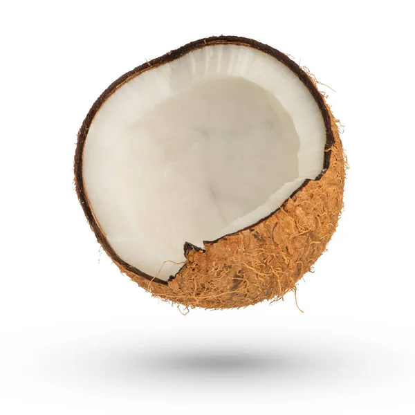 Gebroken Kokosnoot Een Witte Geïsoleerde Achtergrond Helft Van Een Kokosnoot — Stockfoto
