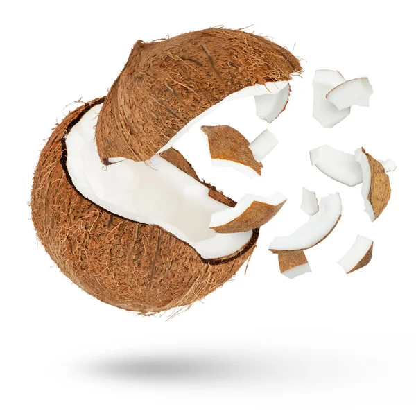 在白色孤立的背景上戴着一顶飞行帽的椰子 一小片椰子从它身上散落在不同的方向上 从不同的侧面和不同的尺寸投下一个阴影 — 图库照片