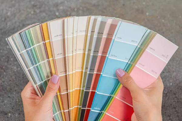 Color Selection According Ral Woman Designer Chooses Shade Ral Color Royalty Free Stock Photos