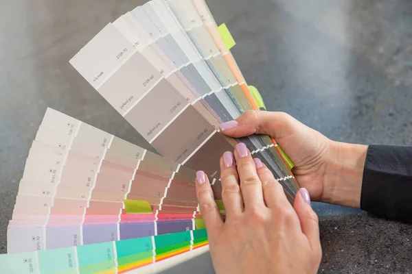 Color Selection According Ral Woman Designer Chooses Shade Ral Color Royalty Free Stock Photos