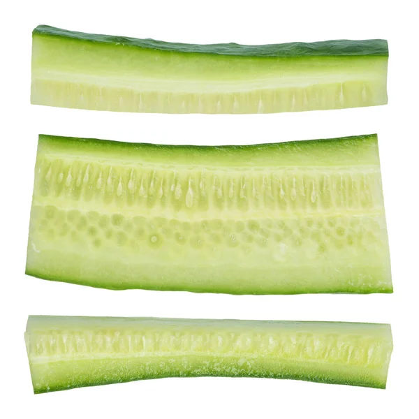 Green Cucumber Slices White Isolated Background Cucumber Cut Strips Different — Stock Photo, Image